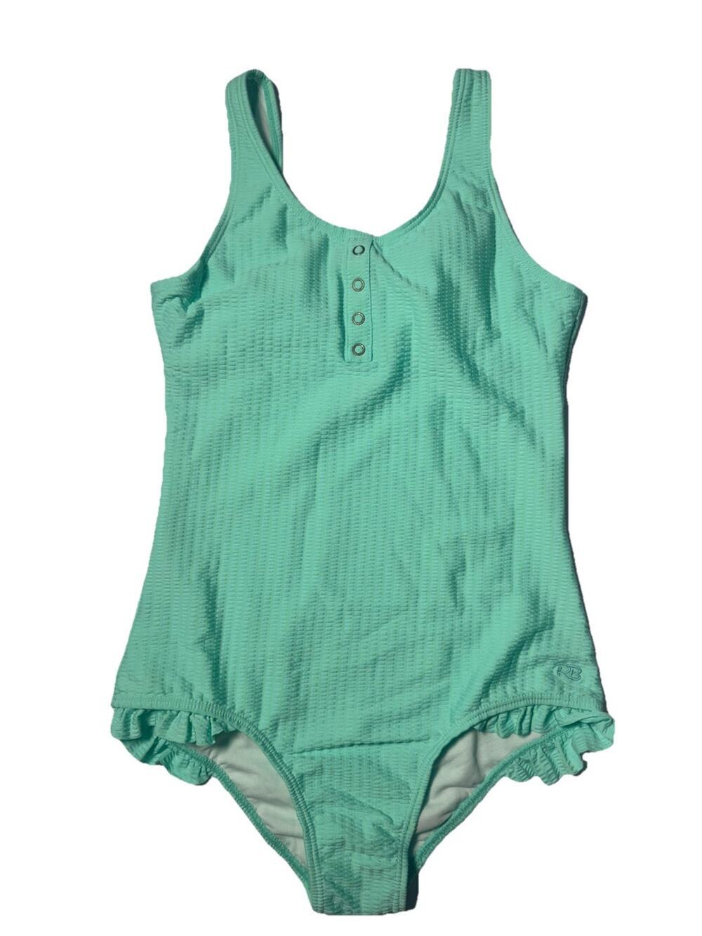 RuffleButts Girls Mint Seersucker One Piece Swimsuit Size 12 Ruffle Trim